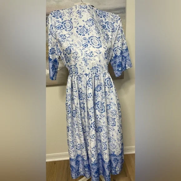 🥳SUMMER🥳 MALDILA BLUE/White Boho Midi Dress, Size L - Picture 7 of 9